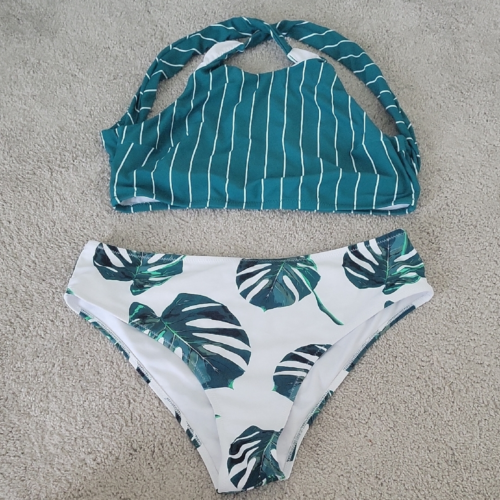 Striped Green Bikini Top and Leaf Print Bottom